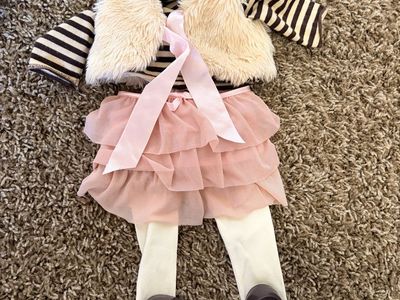 Our Generation Doll Clothes Outfit: Pink Ruffled Skirt, Striped Fur Vest, Tights, & Heart Shoes - Complete Set