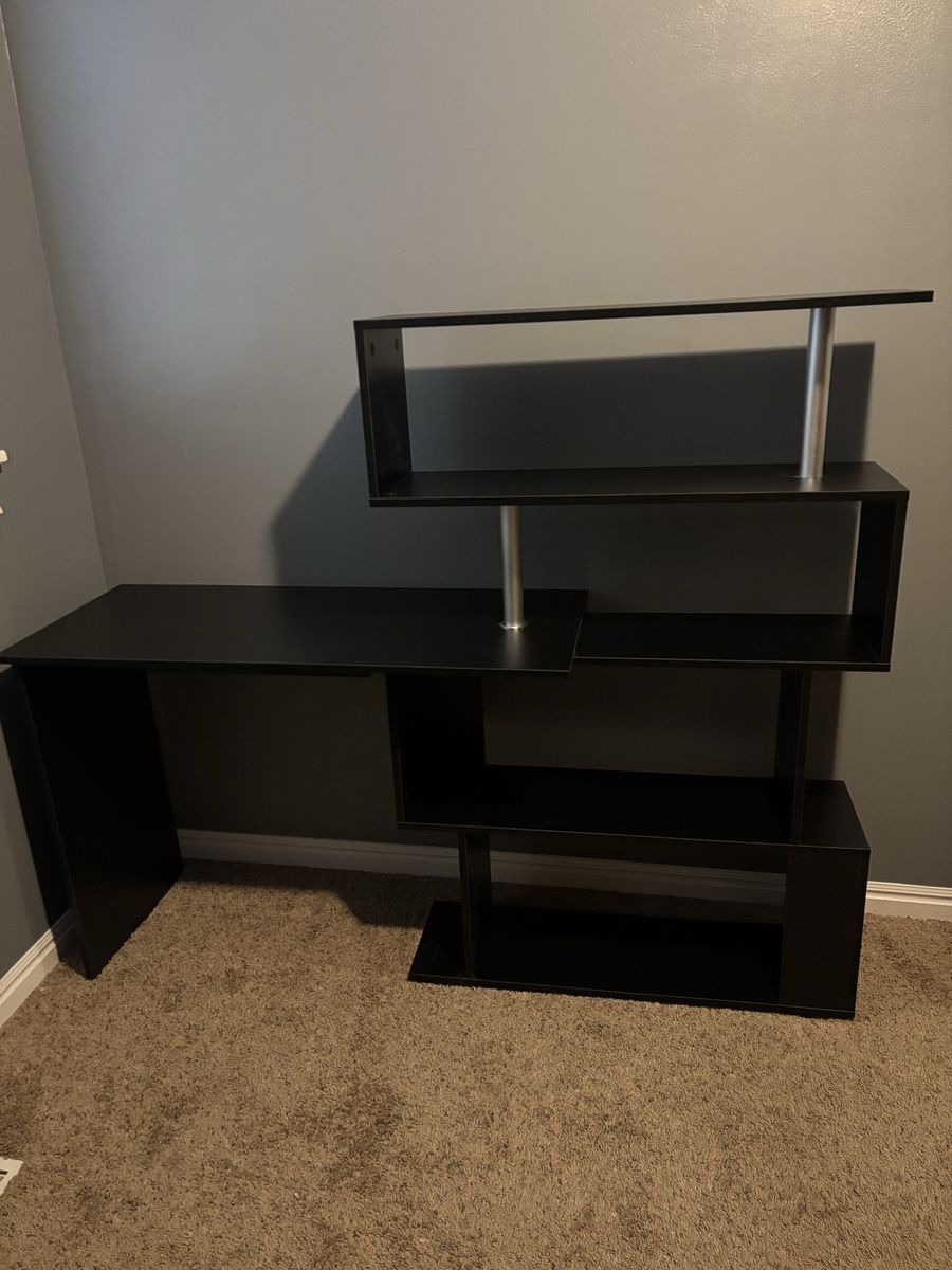 Modern Black Computer Desk w/ Storage Shelves – Small Space Office Desk