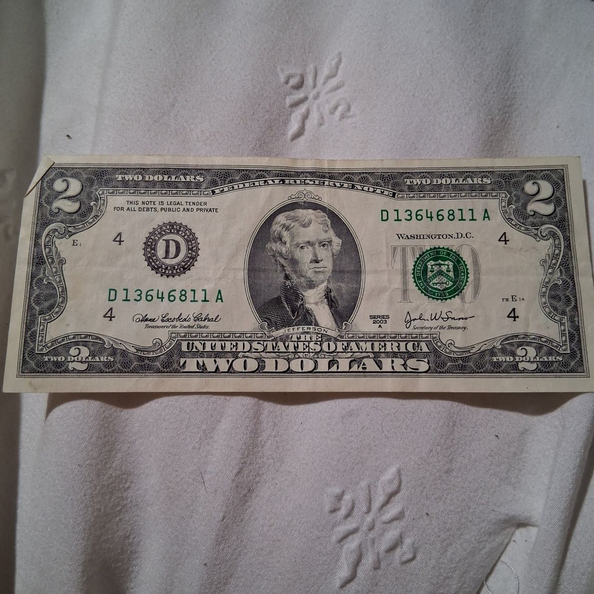 Series 2003 A US Two Dollar Bill Currency Note - Used