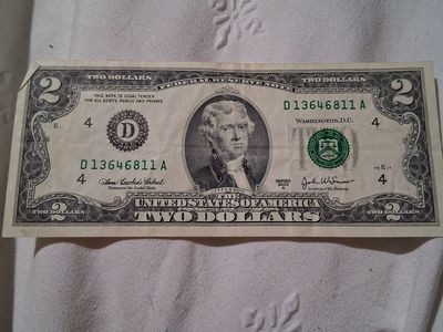 Series 2003 A US Two Dollar Bill Currency Note - Used
