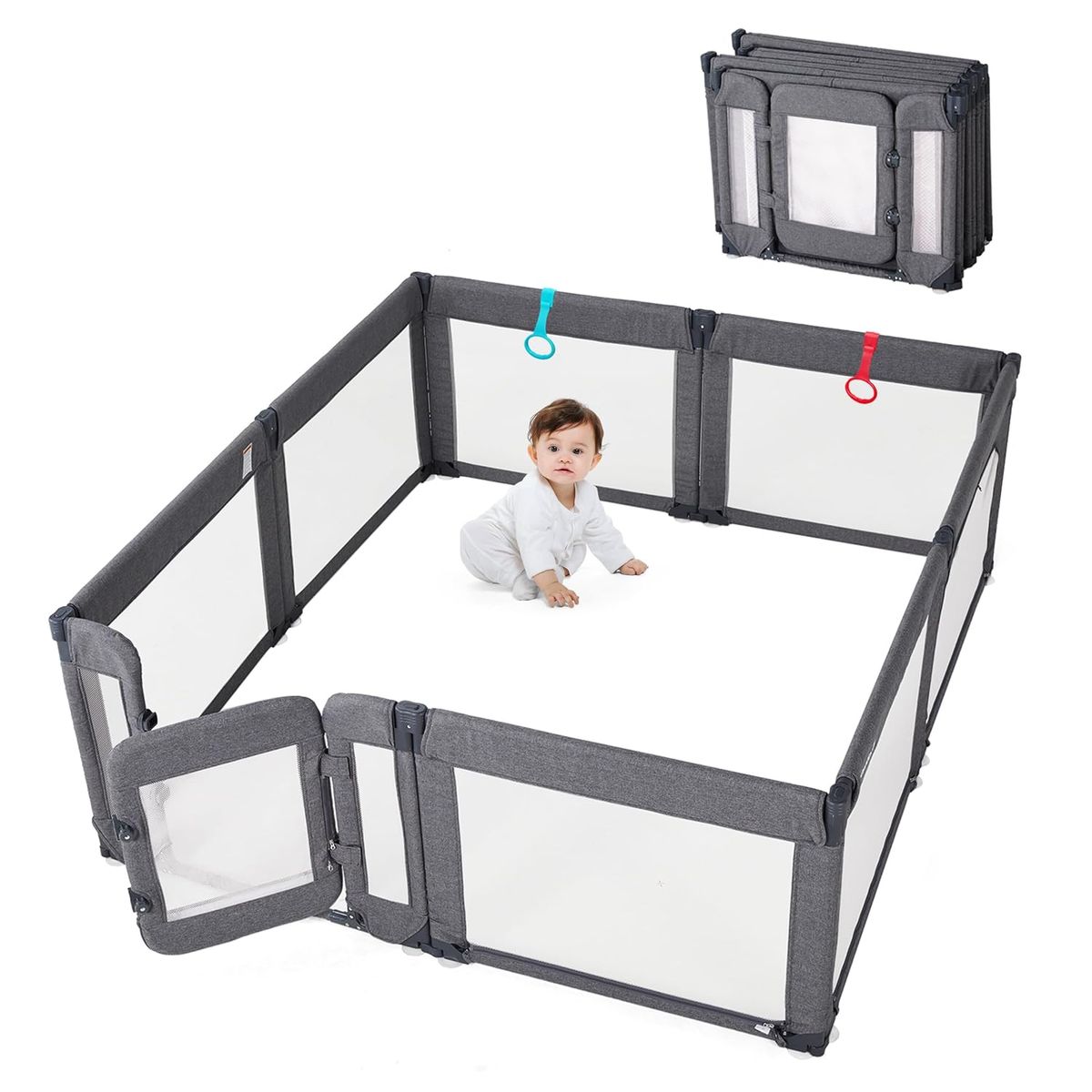 NEW Baby Playpen with Door, Foldable Adjustable Play Pen for Babies and Toddlers, Light Grey