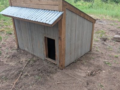 Rustic Cedar Wood & Metal Goat / Dog House - Durable Outdoor Pet Shelter, Small/Medium Sized