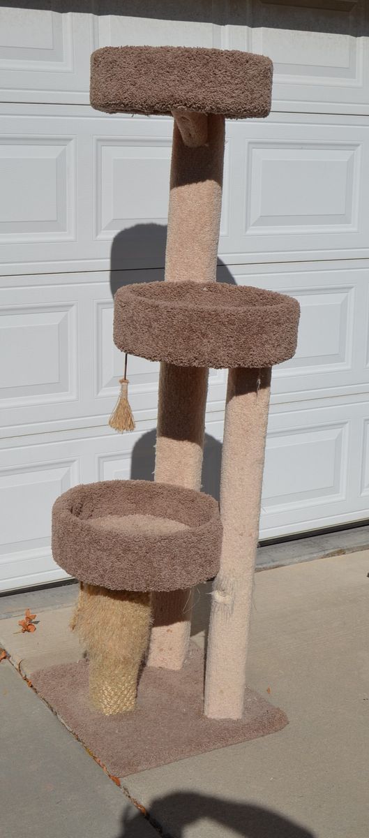 Used Three-Tier Cat Tree - Brown & Beige Carpeted Cat Tower with Scratching Post & Perches
