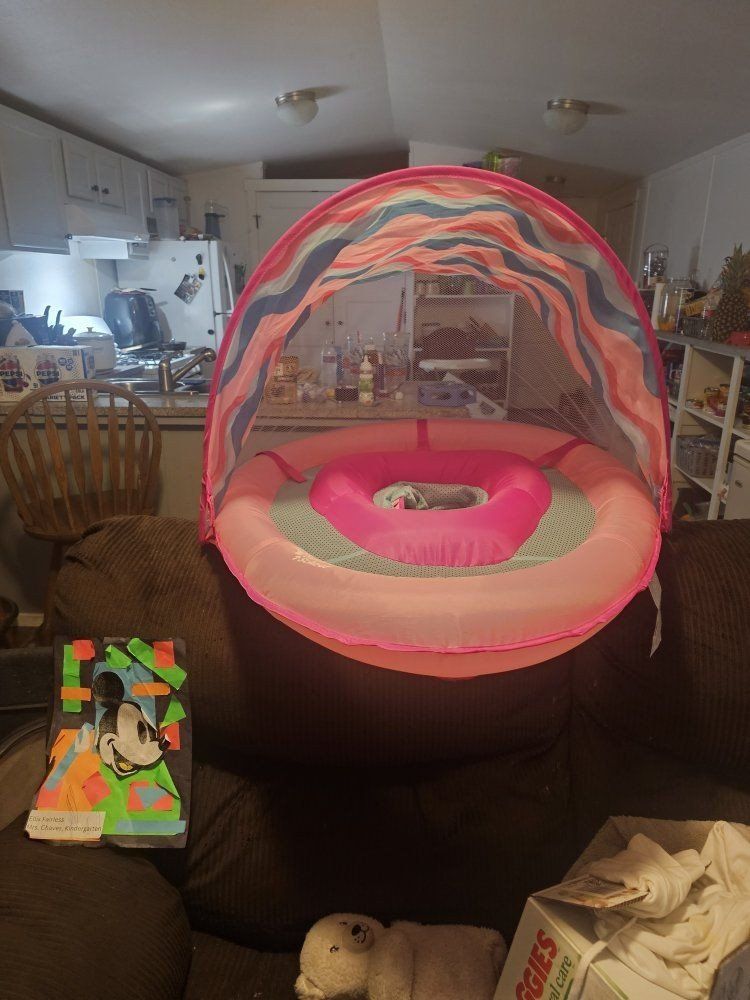 Aqua Swim School Inflatable Baby Pool Float with Sun Canopy Canopy - Pink Blue