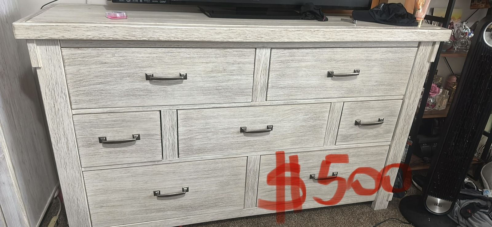 Spacious 7-Drawer Dresser - Distressed White Finish, Metal Hardware, Excellent Condition