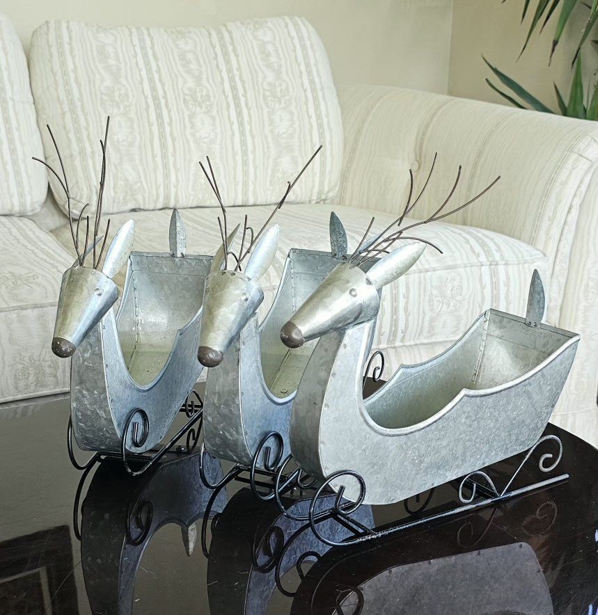 Set of 3 Galvanized Metal Reindeer Sleigh Holiday Planters Centerpiece
11"×10" 