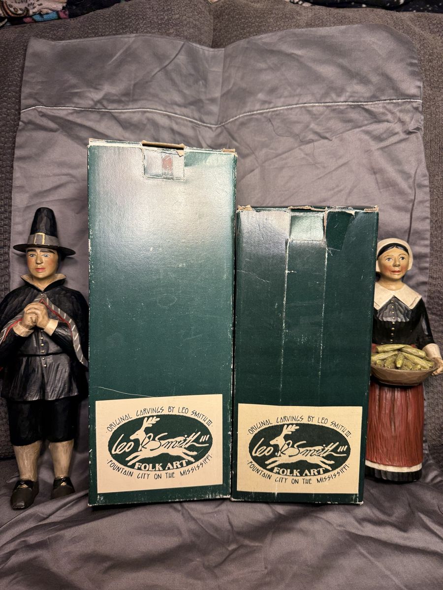 Leo R. Smith III Hand-painted Signed Folk Art Pilgrim Carvings - Limited Edition Collectible Pair