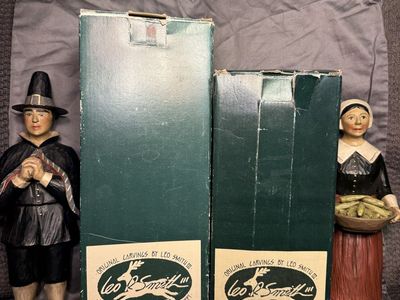 Leo R. Smith III Hand-painted Signed Folk Art Pilgrim Carvings - Limited Edition Collectible Pair