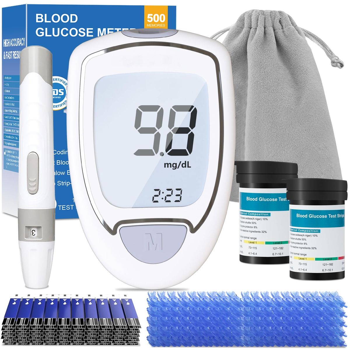 Blood Glucose Meter Kit with 500 Memories, Test Strips, Lancets - High Accuracy Fast Results