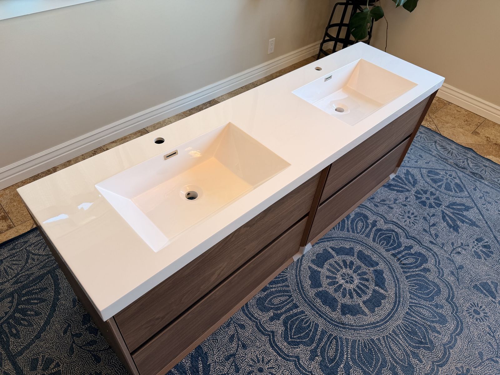 Ottone & Nera Sottile 70.75"W Floating Double Vanity - Walnut Finish, White Integrated Sink