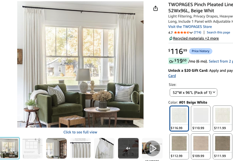 TWOPAGES Pinch Pleated Linen Curtain for Living Room, 52Wx96L, Beige White- 2 panels