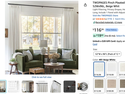 TWOPAGES Pinch Pleated Linen Curtain for Living Room, 52Wx96L, Beige White- 2 panels