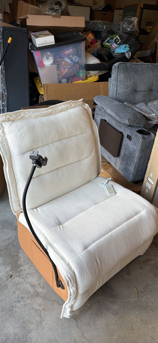 Adjustable Floor Sofa Lounger Beige Fabric, Tan Leather Base, Cell phone charger