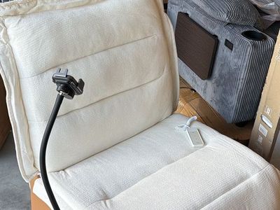 Adjustable Floor Sofa Lounger Beige Fabric, Tan Leather Base, Cell phone charger