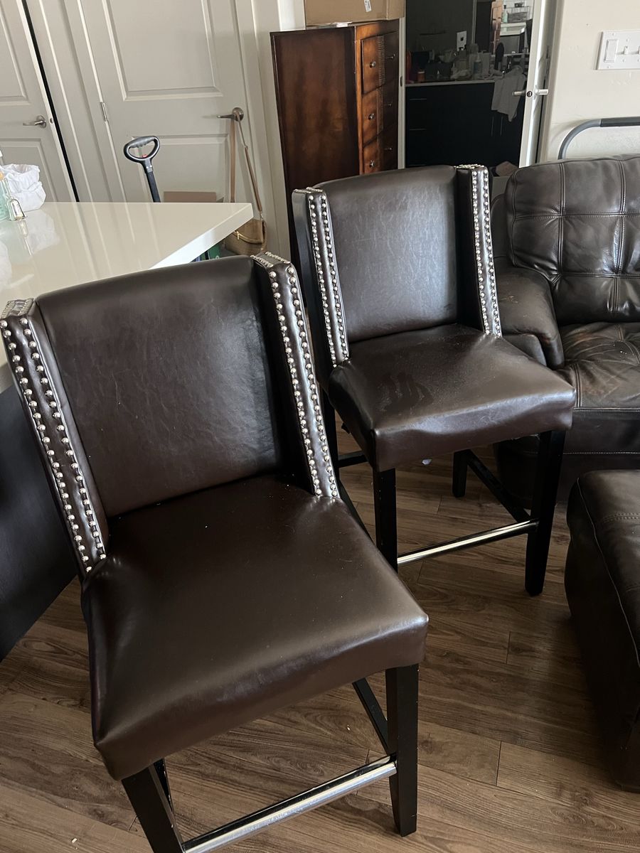 Set of 2 Dark Brown Leather Bar Stools with Nailhead Trim