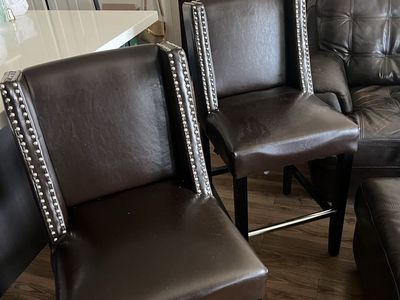 Set of 2 Dark Brown Leather Bar Stools with Nailhead Trim