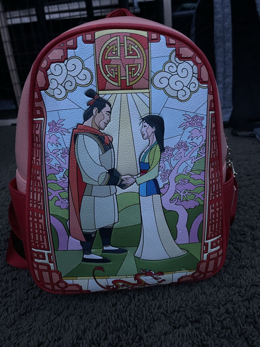 Loungefly Disney Mulan Stained Glass Mini Backpack Red Pink