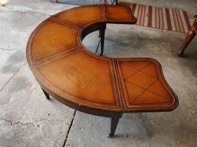 Vintage U-Shaped Leather Top Partner Desk with Embossed Details and Casters coffe crafting table kids play