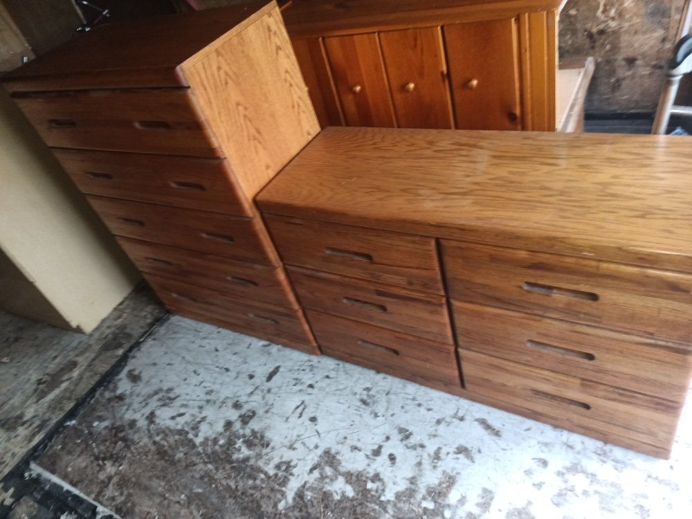 Vintage Mid-Century Style Wooden Dresser Set - Tallboy Chest & Wide Dresser