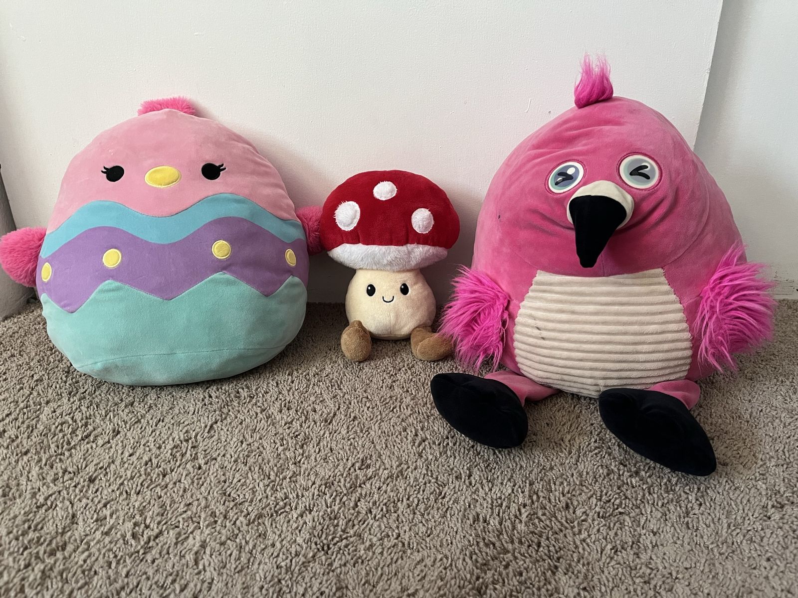 Easter Egg, Toad, and Flamingo Plushies