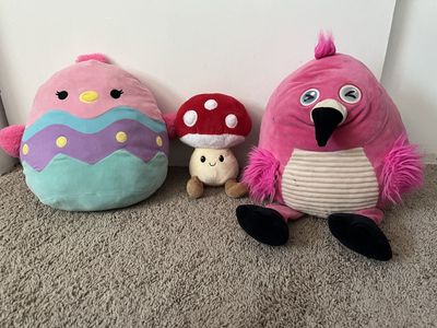 Easter Egg, Toad, and Flamingo Plushies