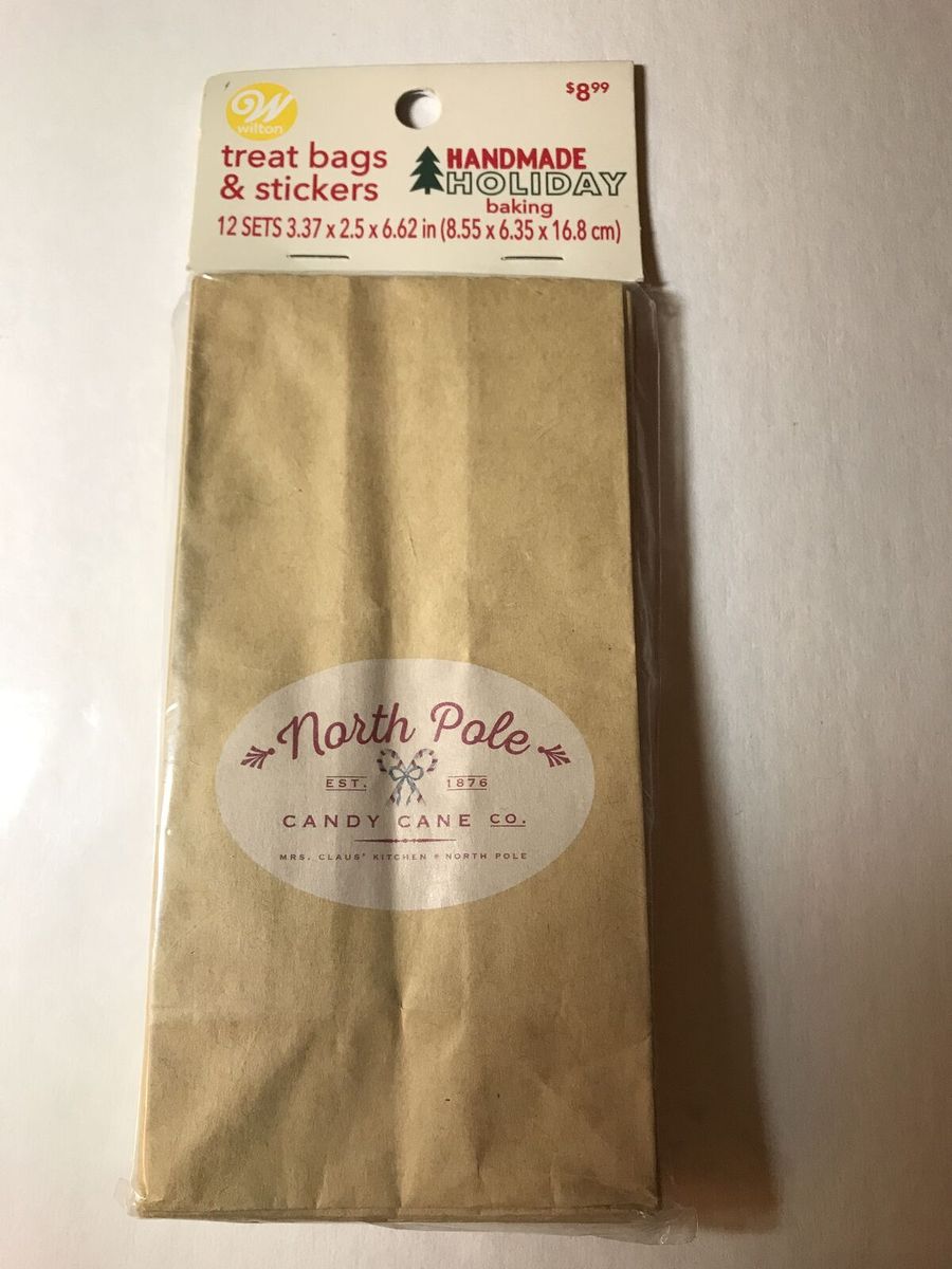 Wilton Treat Bags & Stickers “North Pole Candy Cane Co.” 12 Sets, NIP & Celebrate It White Treat Bags 12 pc