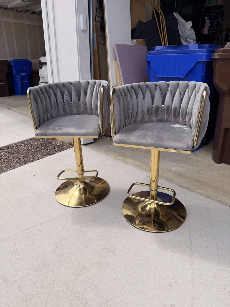 2 Gray Velvet Gold Base Swivel Bar Stools, Tufted Back, Adjustable Height