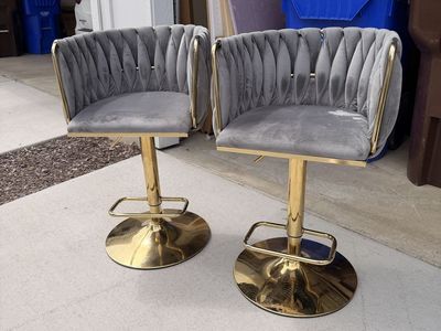 2 Gray Velvet Gold Base Swivel Bar Stools, Tufted Back, Adjustable Height