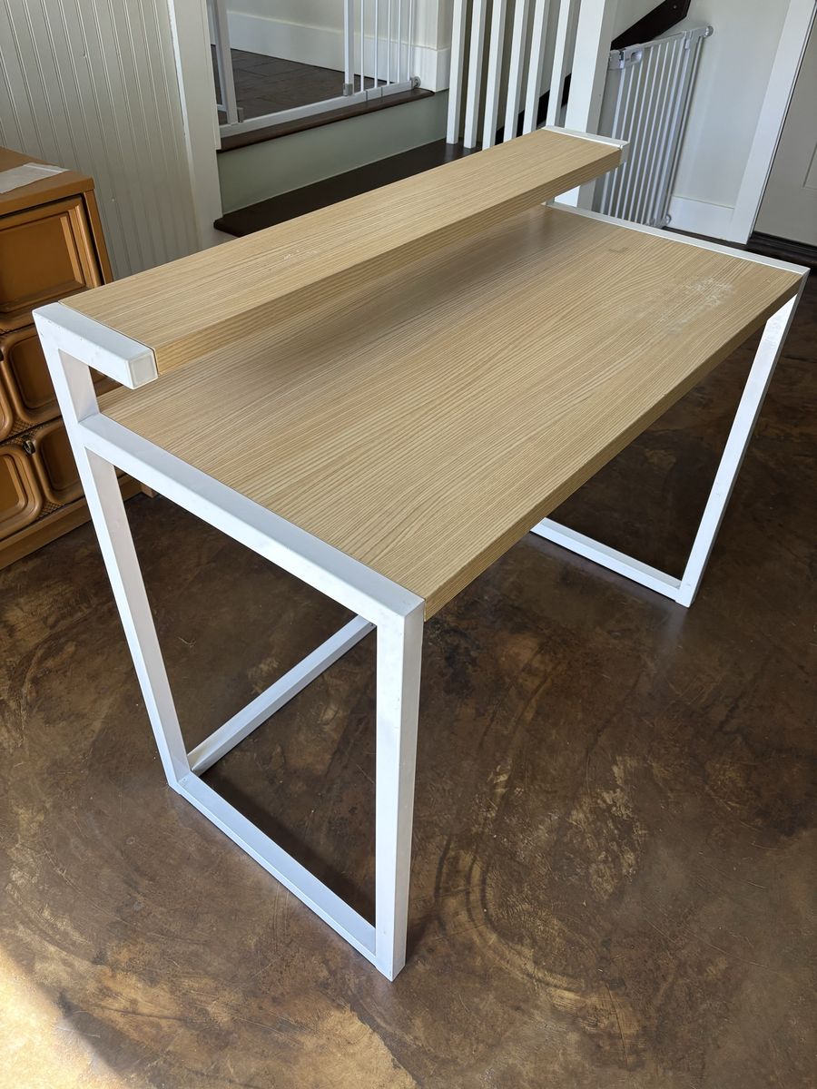 Modern Wood & White Metal Desk with Raised Monitor Shelf