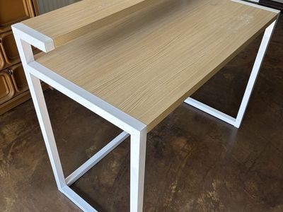 Modern Wood & White Metal Desk with Raised Monitor Shelf