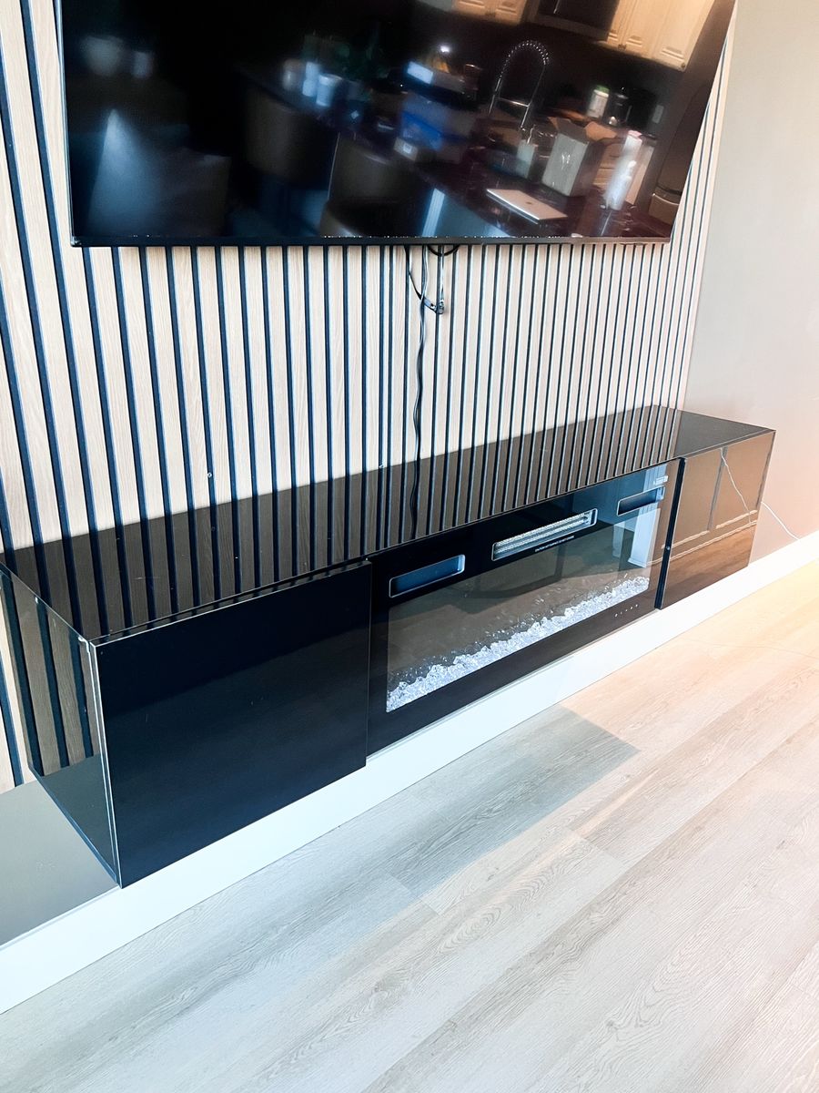 designer style floating tv stand w/fireplace