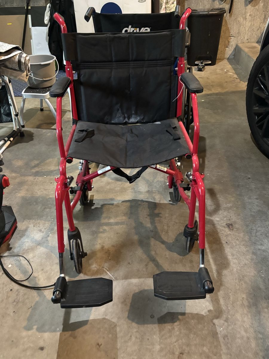 Drive Medical Blue/Red Lightweight Transport Wheelchair with Footrests, Multiple Colors