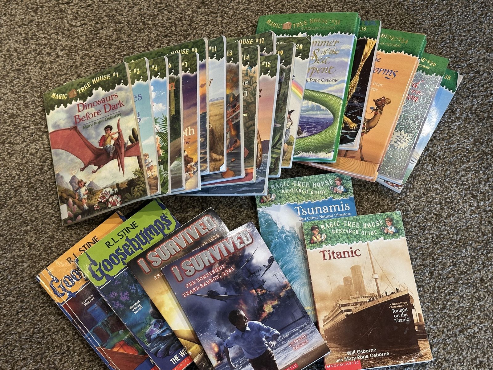 Magic treehouse books, goosebumps books, I survived books