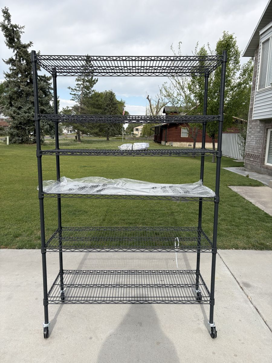 Heavy-Duty 5-Tier Wire Shelving Unit with Wheels - Black, New