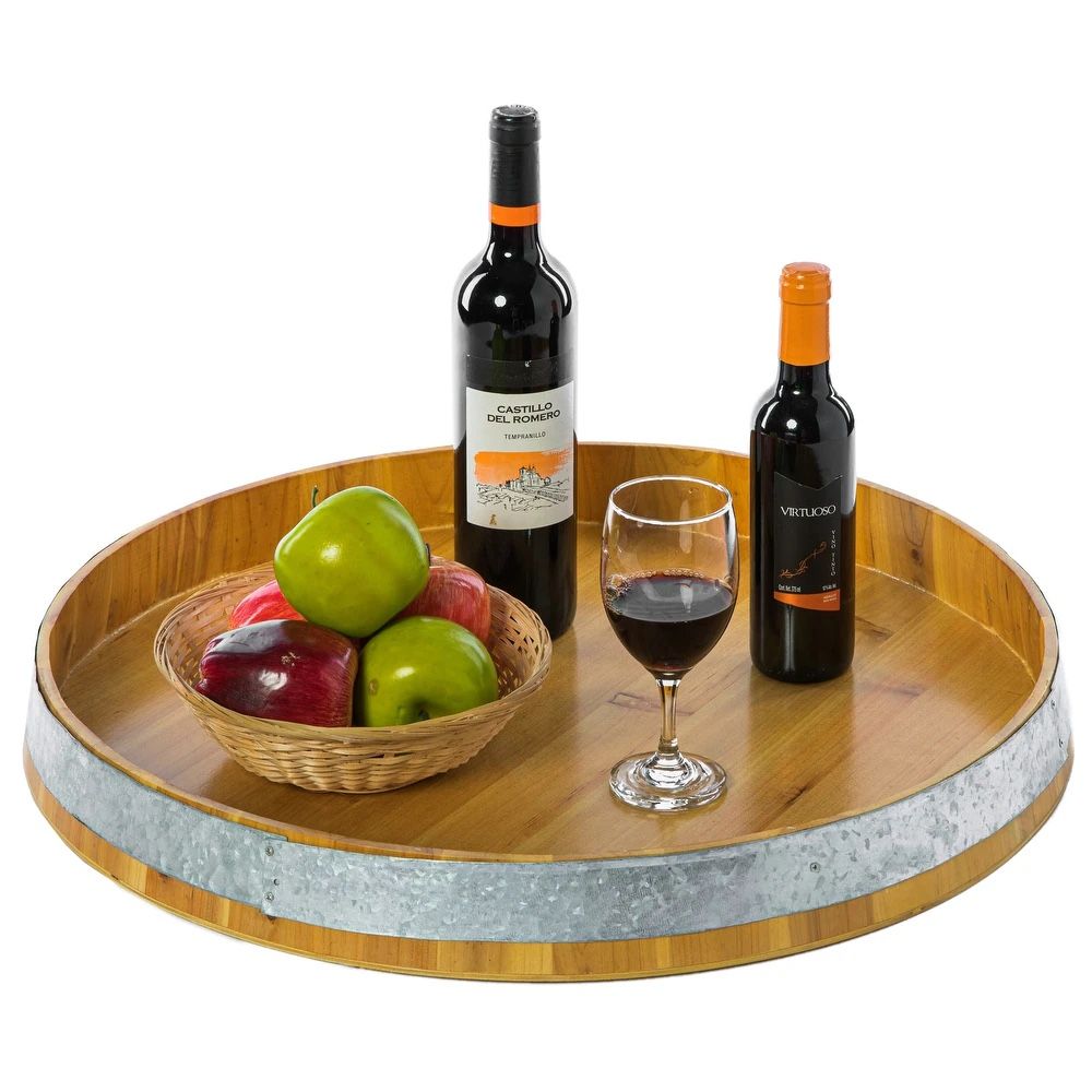 Rustic Wooden Barrel Tray with Metal Band 23.5" Serving Tray