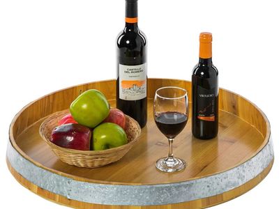 Rustic Wooden Barrel Tray with Metal Band 23.5" Serving Tray