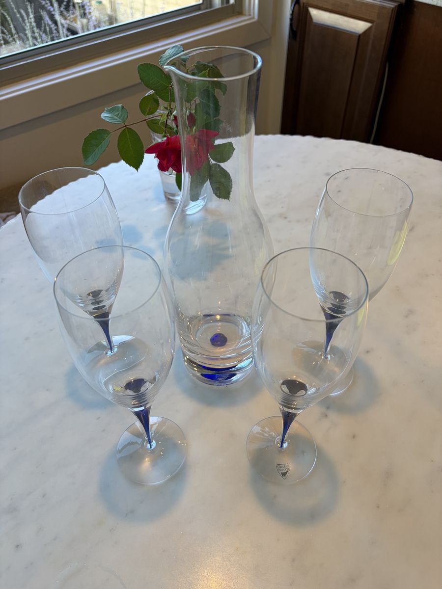 5-Piece Orrefors Sweden "Intermezzo Blue" Crystal Carafe & Wine Glass Set