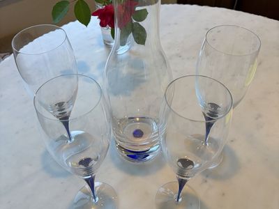 5-Piece Orrefors Sweden "Intermezzo Blue" Crystal Carafe & Wine Glass Set