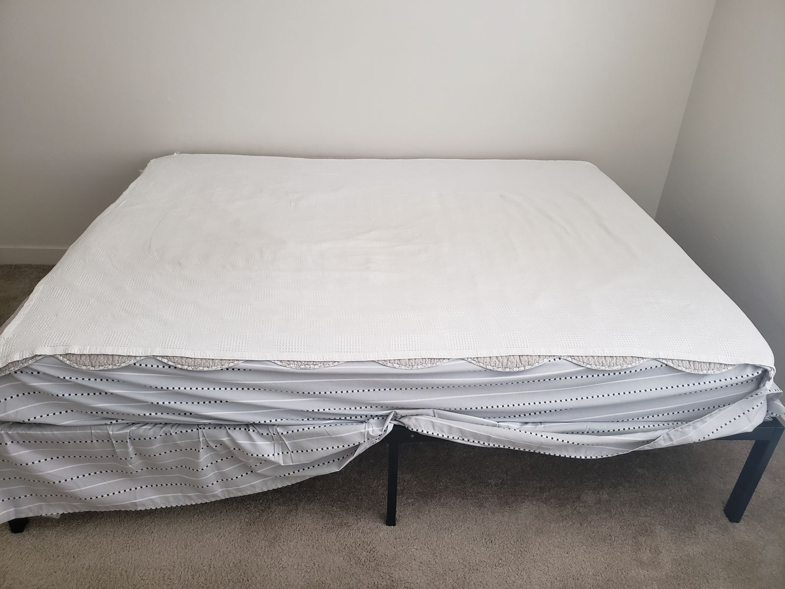 Black Metal Bed Frame with Wood Headboard & Mattress, One single bed ($40) and Queen size frame ($15).