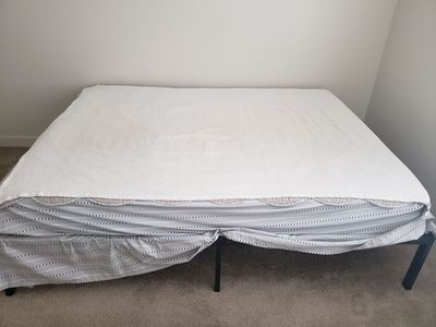 Black Metal Bed Frame with Wood Headboard & Mattress, One single bed ($40) and Queen size frame ($15).