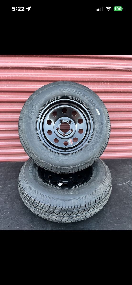 New Set of 2 Good Ride ST 205/75 D 15 Trailer Tires Mounted on New Black Mod Wheels 5 on 4.5 Pattern Brand New