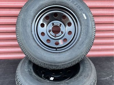 New Set of 2 Good Ride ST 205/75 D 15 Trailer Tires Mounted on New Black Mod Wheels 5 on 4.5 Pattern Brand New