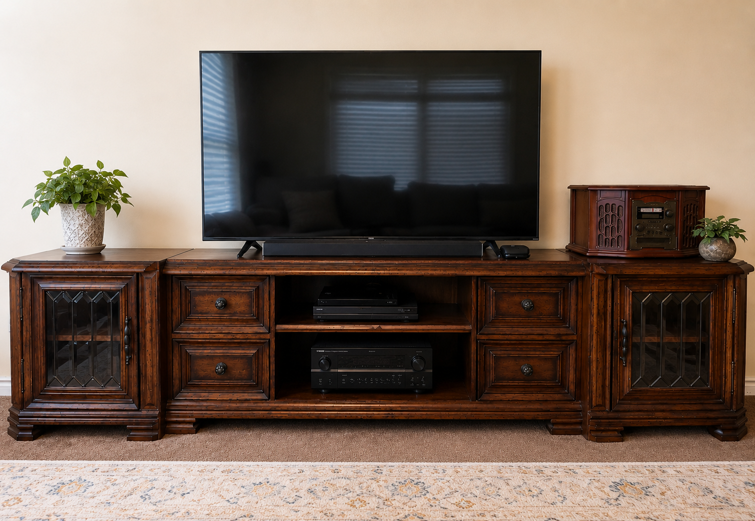 Large Solid Wood Entertainment Center TV Stand Console with Side Cabinets & Storage