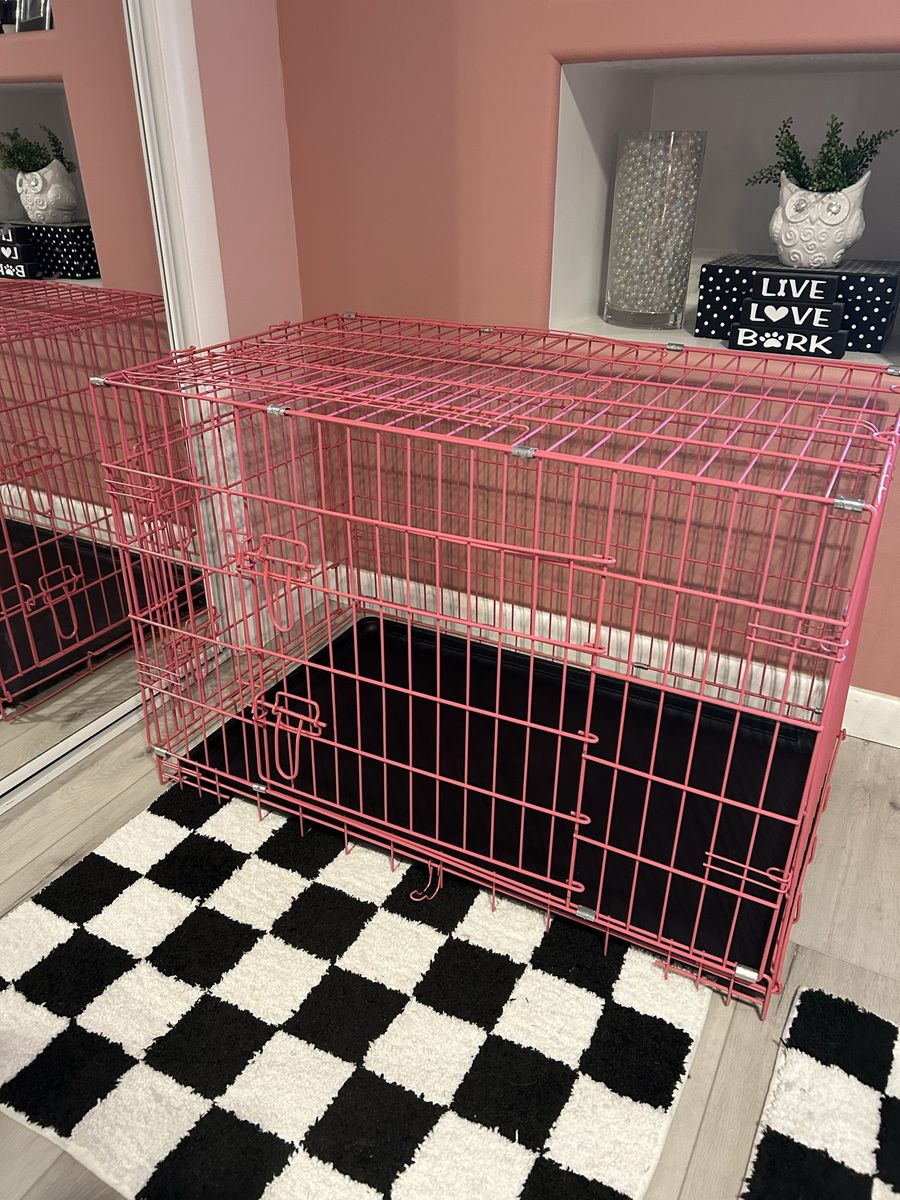 Pink Two-Door Wire Pet Kennel Crate (35" x 24" x 22") with Bed Mat Option