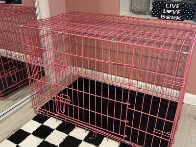 Pink Two-Door Wire Pet Kennel Crate (35" x 24" x 22") with Bed Mat Option
