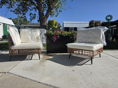 New Outdoor Rattan Wicker Patio Chairs with Cream Cushions - Set of 2