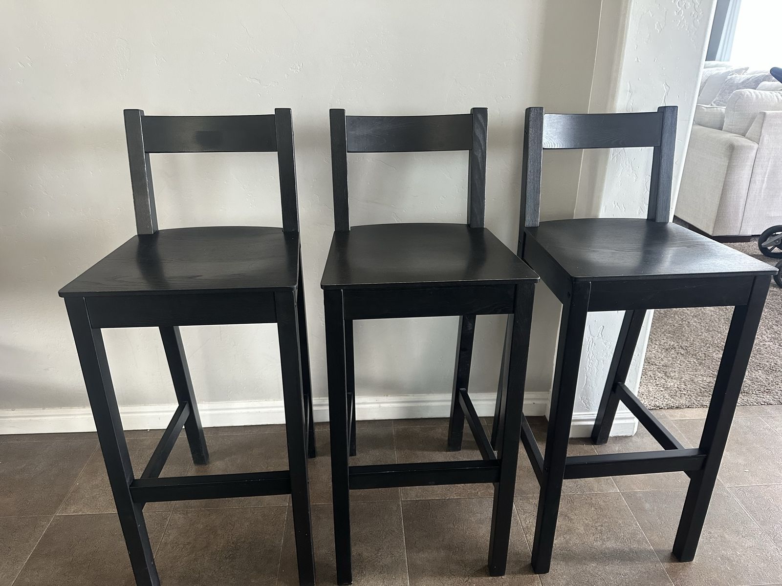 Set of 3 Black Wooden Barstools with Backrests
