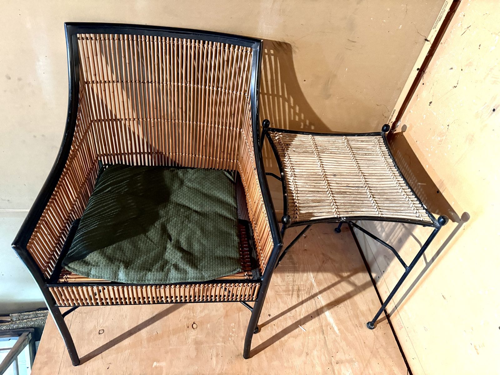 Crate & Barrel chair Kali Bamboo Accent chair (w/cushion) + side table vintage style