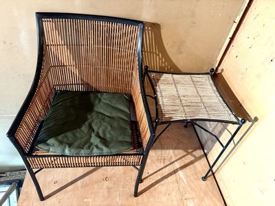 Crate & Barrel chair Kali Bamboo Accent chair (w/cushion) + side table vintage style