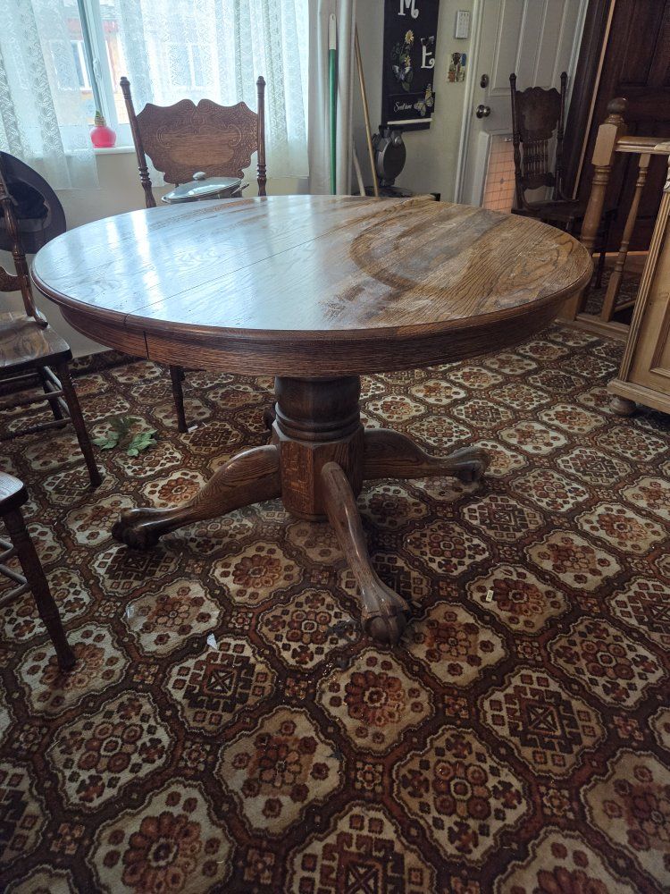 Vintage Solid Oak Pedestal Dining Table with Claw Feet, Leaf & Pressed Back Chairs